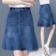 Retro blue denim skirt for women in spring and autumn 2025 new high-waist mid-length A-line one-step hip-wrap skirt