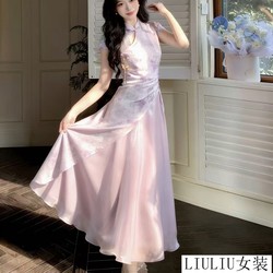 New Chinese-Style Improved National Style Dark Pattern Printed Cheongsam with Waist-Cinching Glossy Gauze Skirt, Stunning and Super Pretty Dress for Summer 2026