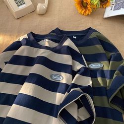 150kg Plus Size Designer Japanese-Style Striped Short-Sleeve T-Shirt for Men and Women, Summer Hong Kong Style Loose Half-Sleeve Top, Trendy