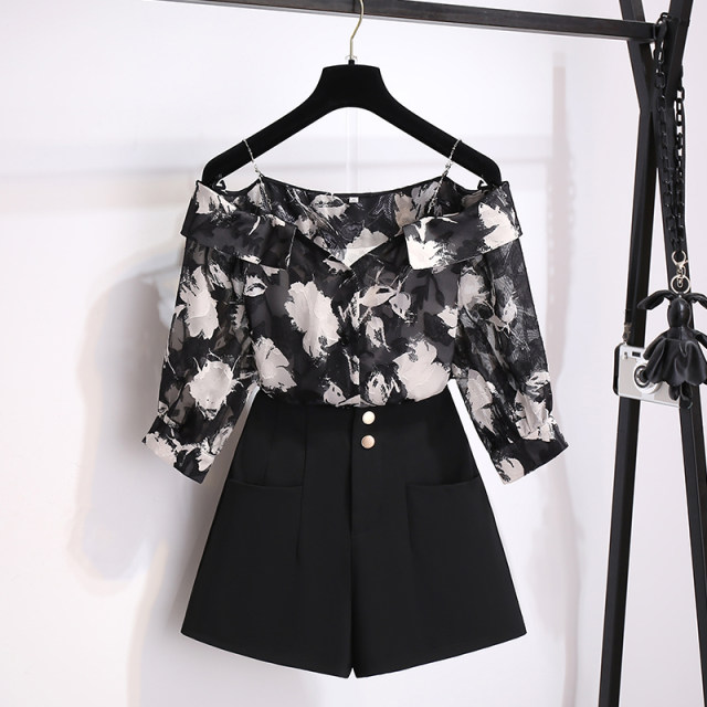 Black suspender one-length neck off-shoulder three-quarter sleeve shirt for women 2025 summer new chiffon floral short top