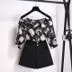 Black suspender one-length neck off-shoulder three-quarter sleeve shirt for women 2025 summer new chiffon floral short top