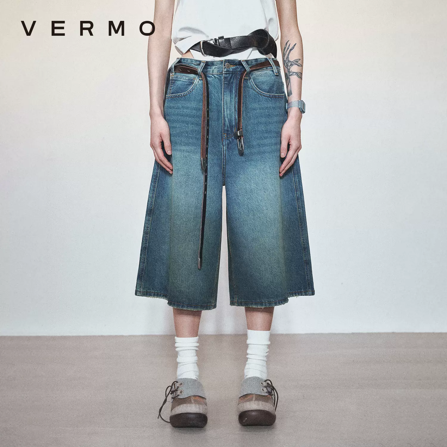 VERMO 男女同款复古水洗做旧吊染七分牛仔裤-Taobao Singapore
