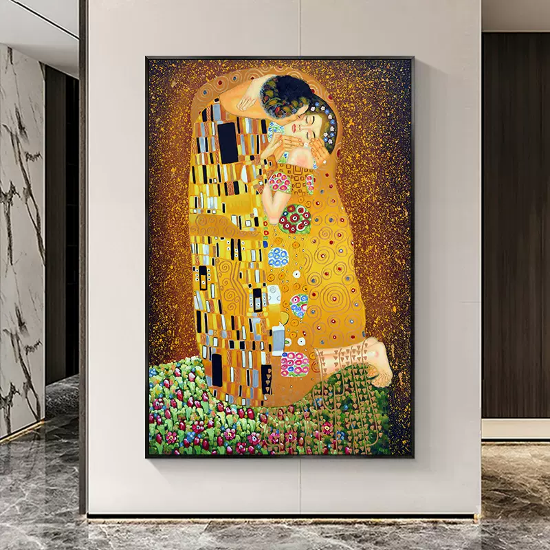 世界名画克里姆特吻纯手绘油画玄关抽象肌理画装饰画欧式客厅挂画-Taobao