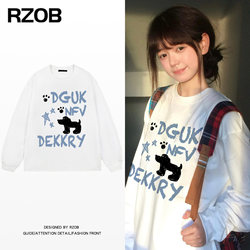Korean Chic Unique Pure Cotton Long-Sleeve T-Shirt for Women, Autumn Fun Graffiti Cute Puppy Base Shirt, Loose Top