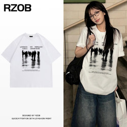 American Retro Vintage White Cotton Short-Sleeved T-Shirt for Women Summer Black Silhouette Portrait Bf Street Style Half-Sleeved Top