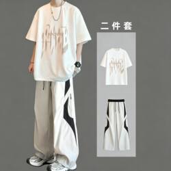 Teenagers' Summer Short-Sleeved Sports Suit, Student Pure Cotton Top, Loose, Handsome and Trendy Two-Piece Set for Casual Wear