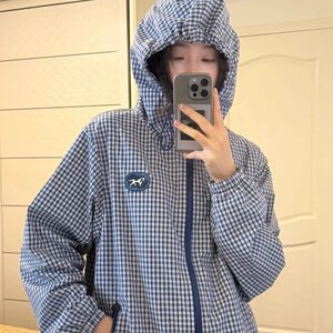 
American retro embroidered blue and white plaid jacket for women in spring and autumn loose casual versatile hooded sun protection jacket