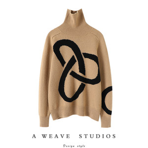 
Very beautiful! Geometric lines knitted turtleneck cashmere sweater for women, pure cashmere sweater pullover knitted base shirt thick