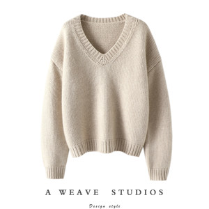 
Fall in your beauty ~ Heavy thick thick bar needle V-neck cashmere sweater women's pure cashmere sweater knitted sweater loose