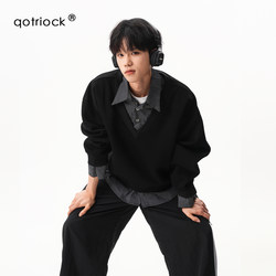 High-Sense Faux Two-Piece Polo Sweatshirt for Men, Autumn Loose Fit, Color-Blocking Long-Sleeve, Miu Style, Fleece-Lined and Thickened Couple's Jacket