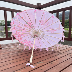 Antique Silk Cloth Umbrella With Petal Tassel - Photo Props For Hanfu Dance - Classical Oil Paper Umbrella For Catwalk Performances