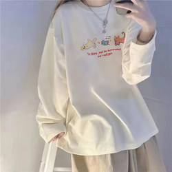 White Long-Sleeved T-Shirt for Women 2025 New Plus Size Women's Clothing Slimming Loose Cartoon Print Base Shirt Autumn Top
