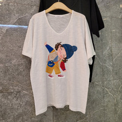 Summer Women's Bamboo Cotton Loose Pure Cotton White Short-Sleeved T-Shirt Women's 2026 New V-Neck Large Size Slimming Top Women