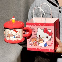 Sanrio Ceramic Mug Hello Kitty Beautiful Drinking Cup for Home Use, High Aesthetic Value, with Lid, Birthday Gift for Women