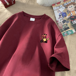 Children's Short-Sleeved T-Shirt for Boys, Japanese Cartoon Style, Burgundy, Heavy, Loose, Cool, Summer, Pure Cotton, Half-Sleeve, Thin Style for Boys