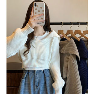 Vintage niche design Vedic Vedic naval collar short sweater women in autumn and winter wearing thickened pullover high waist sweater