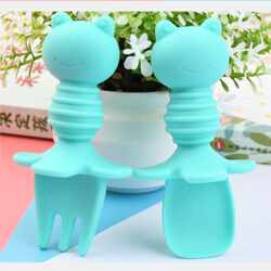 New direct selling baby learning and eating training spoon and fork, short handle baby feeding supplement silicone spoon and fork, tableware