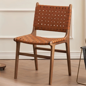 
Light luxury balcony saddle leather back chair, simple hotel and B&B solid wood dining chair, Nordic home woven armchair