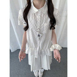 Solpaw All-Over Polka Dot Ruffled Hem Short-Sleeved Shirt for Women, Summer Light Asian Style Loose Y2K Mid-Length Shirt