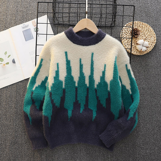 
Boys sweater 2025 new autumn and winter children's sweater round neck medium and large children's clothing boy's mink velvet thickened