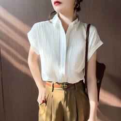 Short-Sleeved White Shirt for Women, Summer Accordion Pleats, Loose-Fitting Professional Shirt, Unique Design, Niche Chiffon Drop-Shoulder Sleeve Top, Trendy