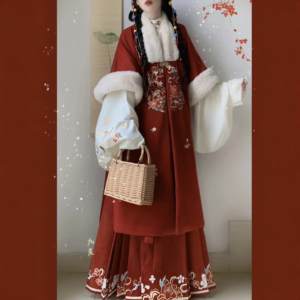 Original Hanfu Woman [Winter Candle Changming] National Wind and Velvet Thick Red Frozen Clothing Horse Noodle Skirt Set Winter