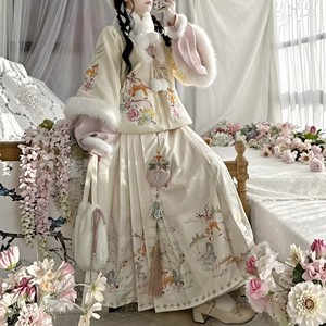 原创汉服女【粉嘟嘟】明制加绒加厚合领披袄马面裙粉色套装冬季款