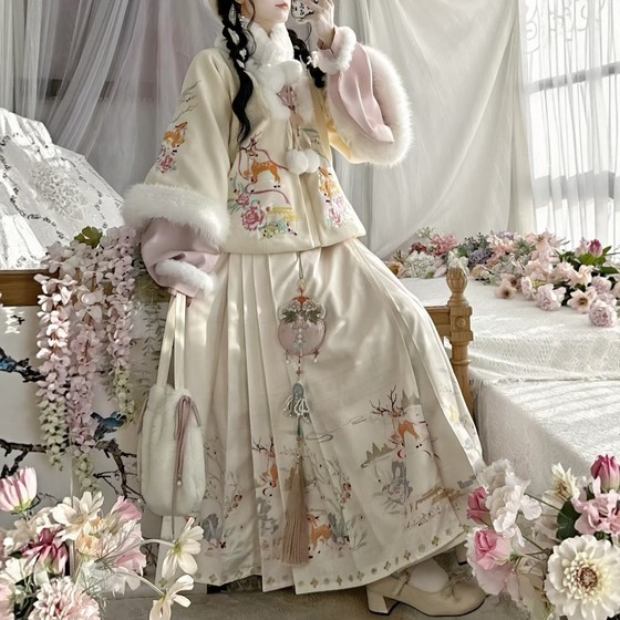 Original Hanfu for women [pinkdudu] Ming Dynasty velvet thickening collar shawl coat horse face skirt pink suit winter style