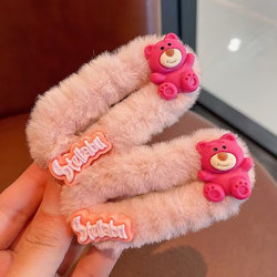 Winter Kidsren's Cute Plush Strawberry Bear Hairpin Girl's Broken Hairpin on the Back of the Head Baby Clip Headwear Popular