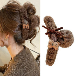 Cartoon Bear Plush Hair Clip for Women, High-End, Large Size, Suitable for Thick Hair, Autumn and Winter 2026 New Style Hair Clip, Korean Style Shark Clip