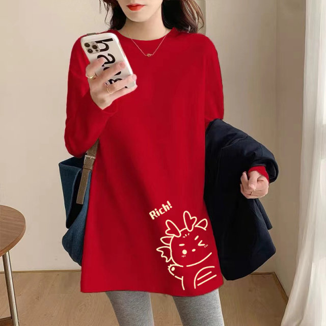 European goods big red long -sleeved T -shirt women autumn and winter long and long loose round collar, warm and bottoming the bottom shirt tide ins

