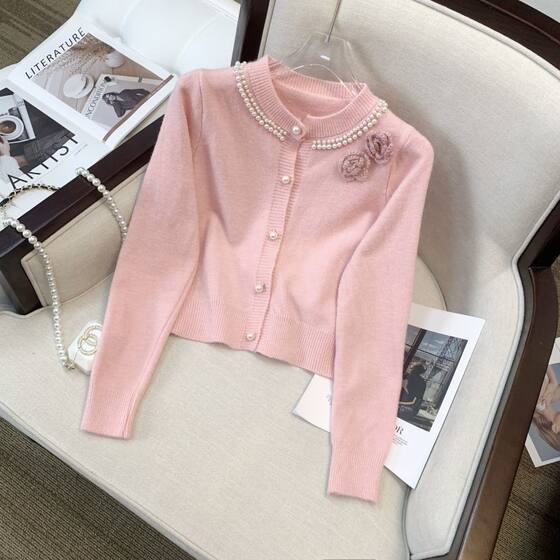 Xiaoxiangfeng pink jacket, foreign qi flower beaded knit cardigan female spring and autumn Korean version versatile temperament thin sweater
