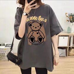 220g Short-Sleeved Unisex Pure Cotton T-Shirt with Cartoon Bear Print, Loose and Versatile, Large Size Top, Summer Base Shirt