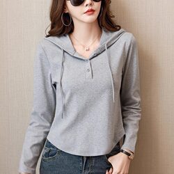 2026 Hooded Long-Sleeve T-Shirt for Women, New Spring and Autumn Slim-Fit Short Stylish Top, Thin Sweatshirt with Hood