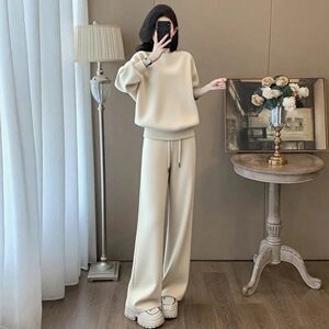 
Casual sports suit for women, long-sleeved, stylish, spring and autumn, loose, age-reducing, autumn and winter sweatshirt, versatile, wide-legged, thickened with velvet