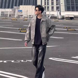 Cleanfit gray short leather jacket American -style handsome high -end men's retro lapel -lapsee leather jacket
