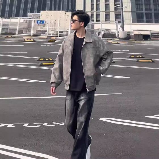 Cleanfit gray short leather jacket American -style handsome high -end men's retro lapel -lapsee leather jacket
