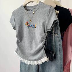 Girls' Summer Short-Sleeve T-Shirt 2026 New Stylish Cartoon Dog Embroidery Children's Faux Two-Piece Fashionable Top