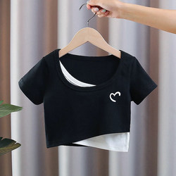Girls' Summer Outfit, Fake Two-Piece Pure Cotton Short-Sleeve T-Shirt, Summer 2026 New Style, Trendy Tops for Older Children