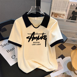 Girls' Color-Blocked Polo Shirt with a Turn-Down Collar, Pure Cotton Short-Sleeve T-Shirt, Summer Outfit for Older Children, Fashionable Girl's Top