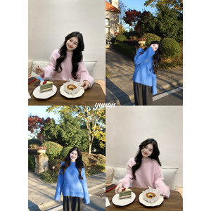 
Yuanyuanyuaner 50 rabbit hair 5 wool/hair flu blue pink soft waxy round neck loose pullover sweater top