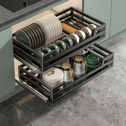 Four Seasons Muge Pull-Out Kitchen Cabinet 304 Stainless Steel Double-Layer Drawer-Type Bowl Rack Storage Dish Rack Cabinet Bowl Basket
