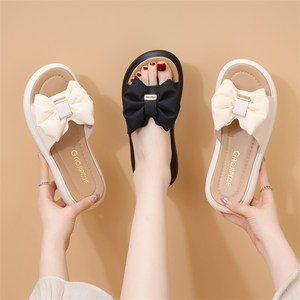 
Brand genuine genuine leather sandals and slippers for women 2026 new summer outer wear thick-soled bow lazy slippers