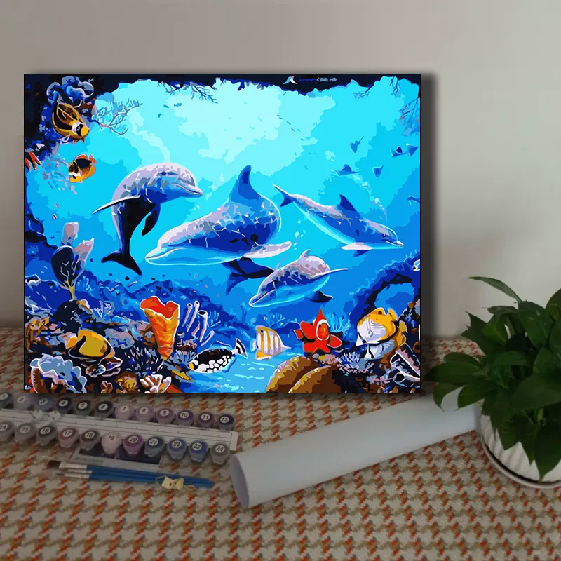 diy数字油画海底世界高级感手工绘作填充涂色丙烯油彩画鲸鱼海豚