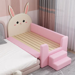 Solid Wood Children's Splicing Bed with Guardrails, Baby Extra-Wide Crib, Cartoon Fabric Soft-Covered Princess Bed, Baby Extension Bed