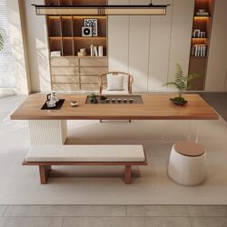 Wabi-Sabi Style Cream-Colored Solid Wood Tea Table and Chair Set, New Chinese Modern Minimalist Light Luxury Tea Table, Tea Station, Tea Room