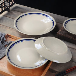 Double-Line Plate, Coarse Pottery Shallow Plate, Restaurant Round Dish, Hot Pot Tableware, Commercial Old-Fashioned Nostalgic Blue-Edged Ceramic Flat Plate
