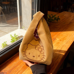 Korean Retro Kitty Cartoon Suede Handbag for Women, Cute Portable Tote Bag, Versatile for Autumn and Winter, Commuter Clutch Bag