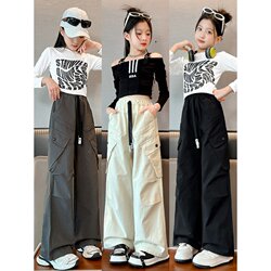 Girls' Cargo Pants Spring and Autumn 2026 New Stylish Loose Wide-Leg Pants for Older Children Versatile Casual Pants Trendy