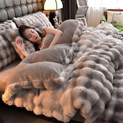 Thickened Rabbit Fur Four-Piece Set, Stain-Resistant Gray-White Milk Velvet, Coral Velvet, Double-Sided Velvet, Fleece-Lined Duvet Cover, Warm Bed Sheet for Winter